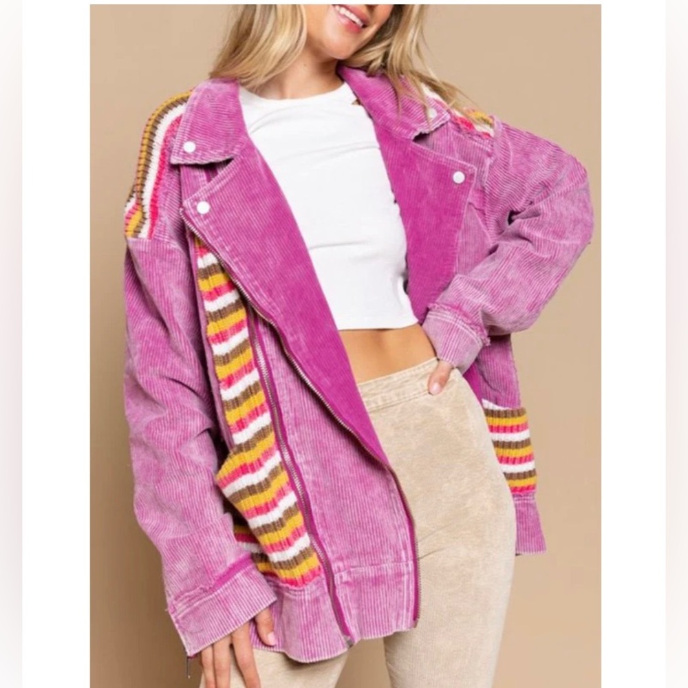 NEW POL Clothing Corduroy Moto Long Sleeve Jacket With Stripe Detail Plum Berry - Picture 2 of 5